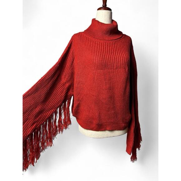 Red Fringe Turtleneck Cropped Ribbed Knit Sweater Sz L Western Cottage Cowgirl - Picture 2 of 7